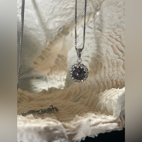 Stunning 925 Italian Sterling Silver Genuine Black Grey Pearl wDiamonds Necklace - Picture 3 of 13